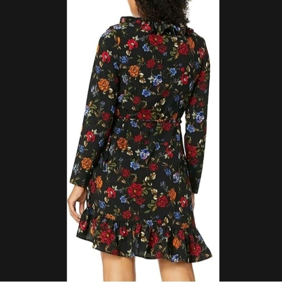 KENSIE Floral print wrap dress ruffle accent long sleeve v-neck black size M new - Picture 3 of 13